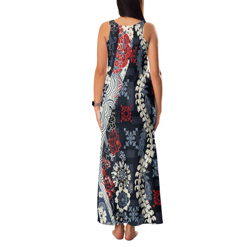 Hawaii Puakenikeni and Maile Lei Family Matching Tank Maxi Dress and Hawaiian Shirt Navy Blue Japanese Wave Style - Polynesian Pride