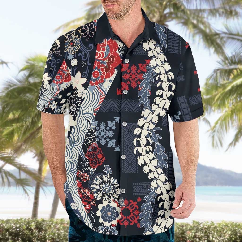 Hawaii Puakenikeni and Maile Lei Hawaiian Shirt Navy Blue Japanese Wave Style LT9 - Polynesian Pride