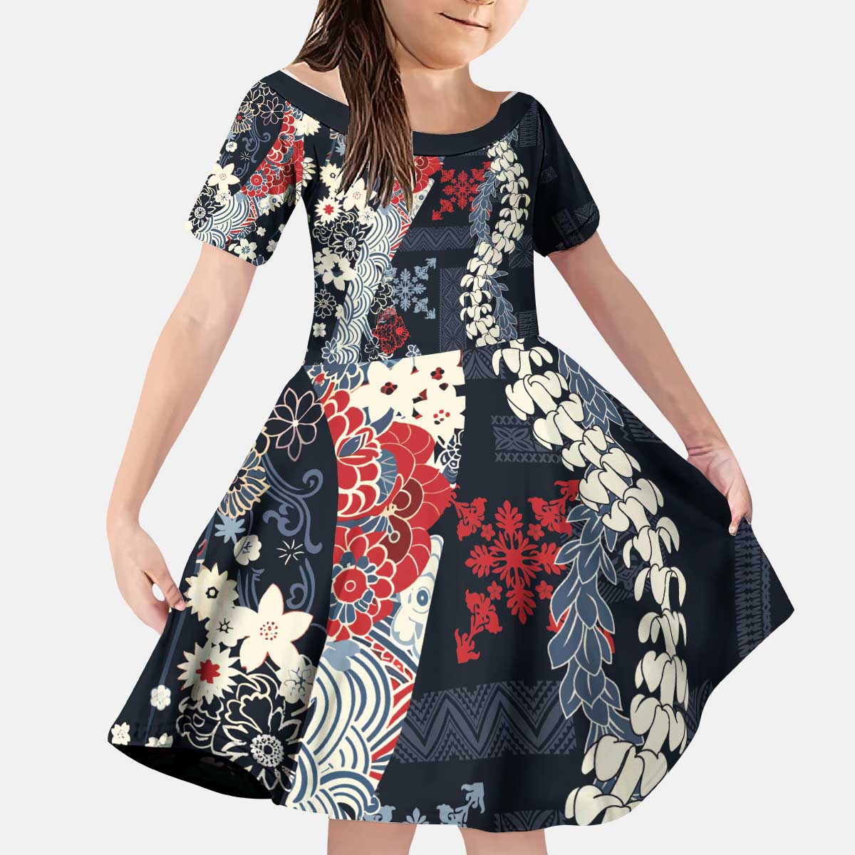 Hawaii Puakenikeni and Maile Lei Kid Short Sleeve Dress Navy Blue Japanese Wave Style LT9 KID Navy Blue - Polynesian Pride