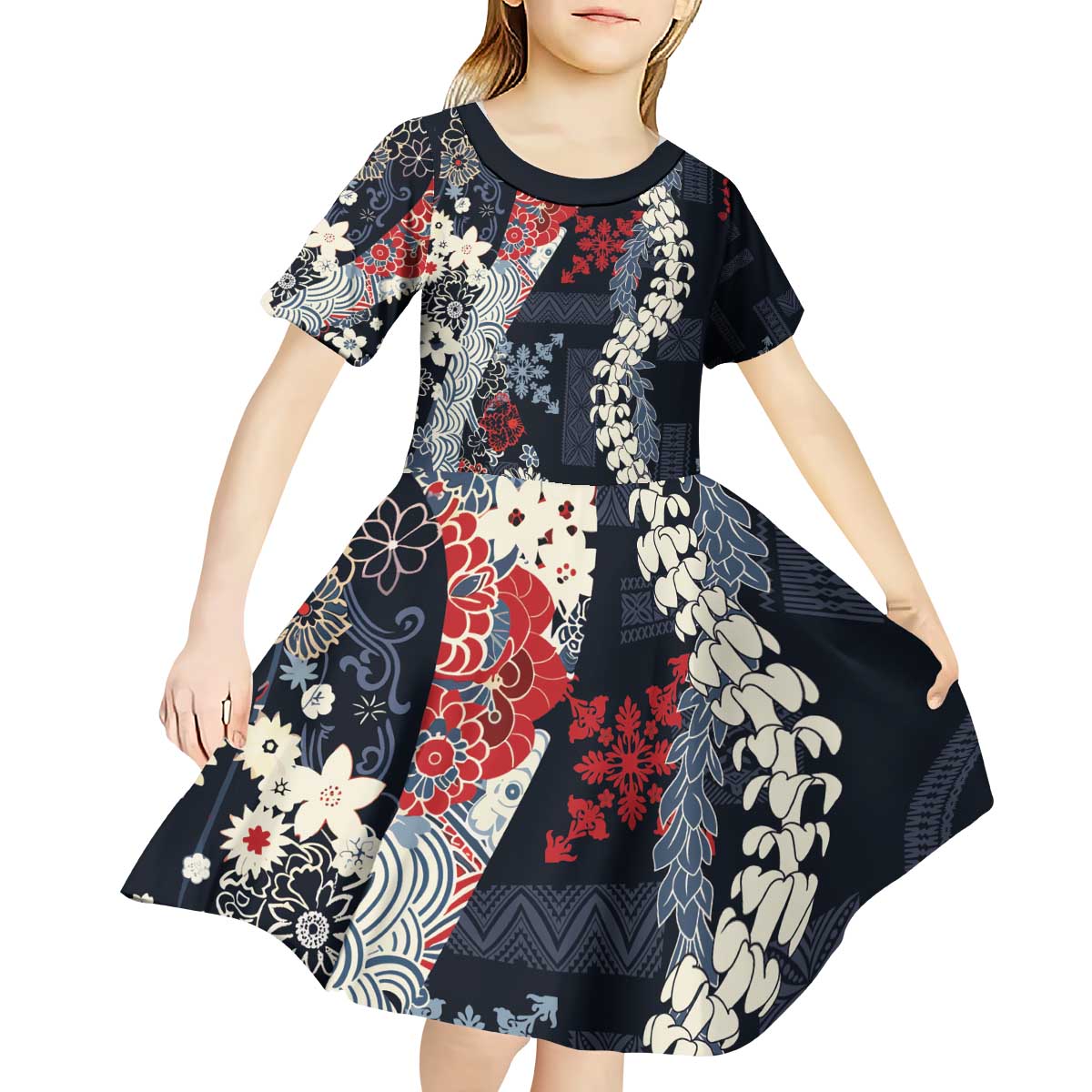 Hawaii Puakenikeni and Maile Lei Kid Short Sleeve Dress Navy Blue Japanese Wave Style LT9 - Polynesian Pride