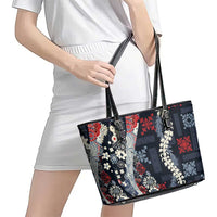Hawaii Puakenikeni and Maile Lei Leather Tote Bag Navy Blue Japanese Wave Style - Polynesian Pride