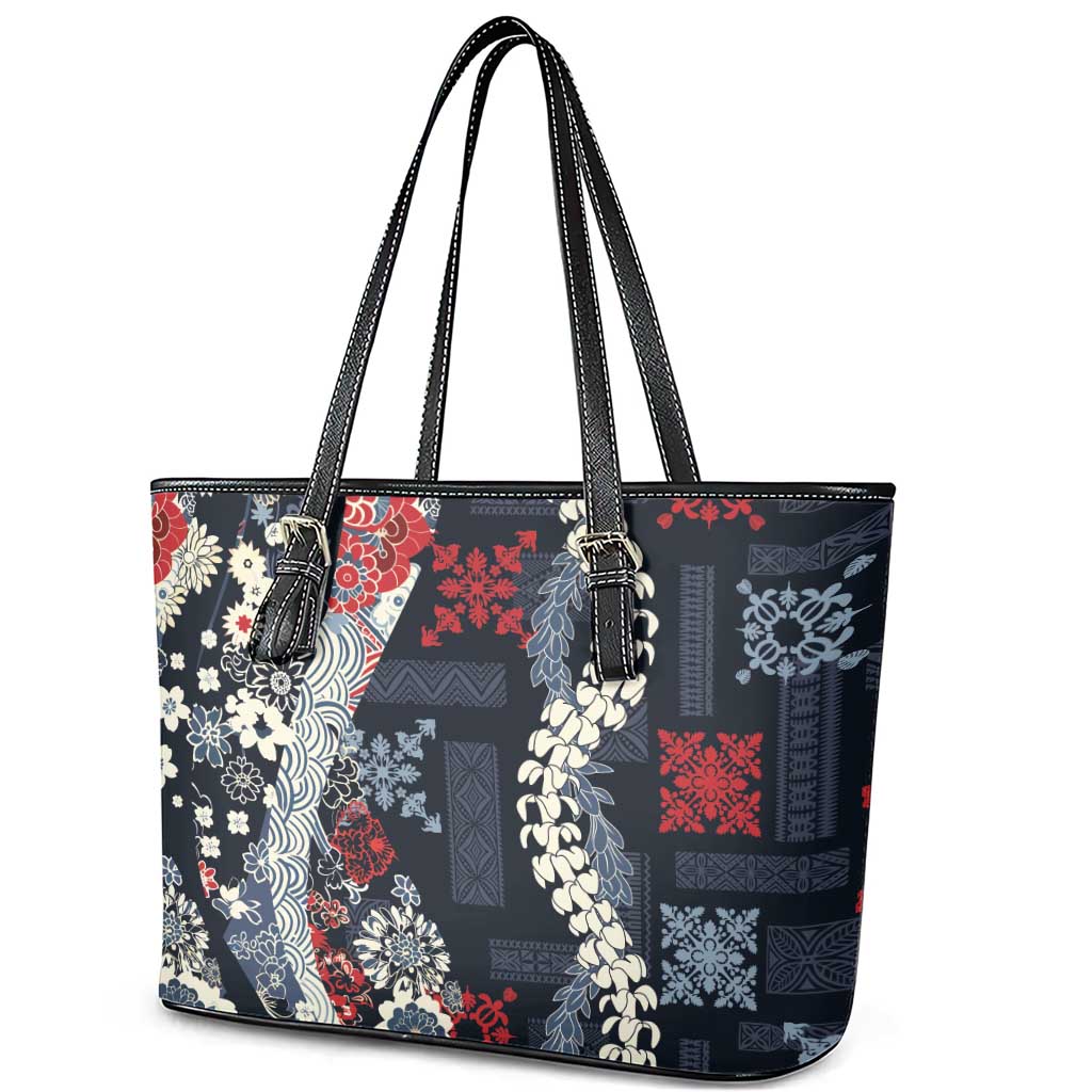 Hawaii Puakenikeni and Maile Lei Leather Tote Bag Navy Blue Japanese Wave Style - Polynesian Pride