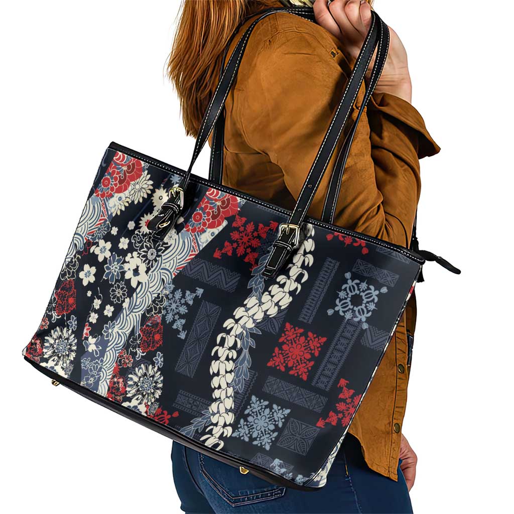 Hawaii Puakenikeni and Maile Lei Leather Tote Bag Navy Blue Japanese Wave Style - Polynesian Pride