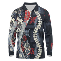 Hawaii Puakenikeni and Maile Lei Long Sleeve Polo Shirt Navy Blue Japanese Wave Style - Polynesian Pride
