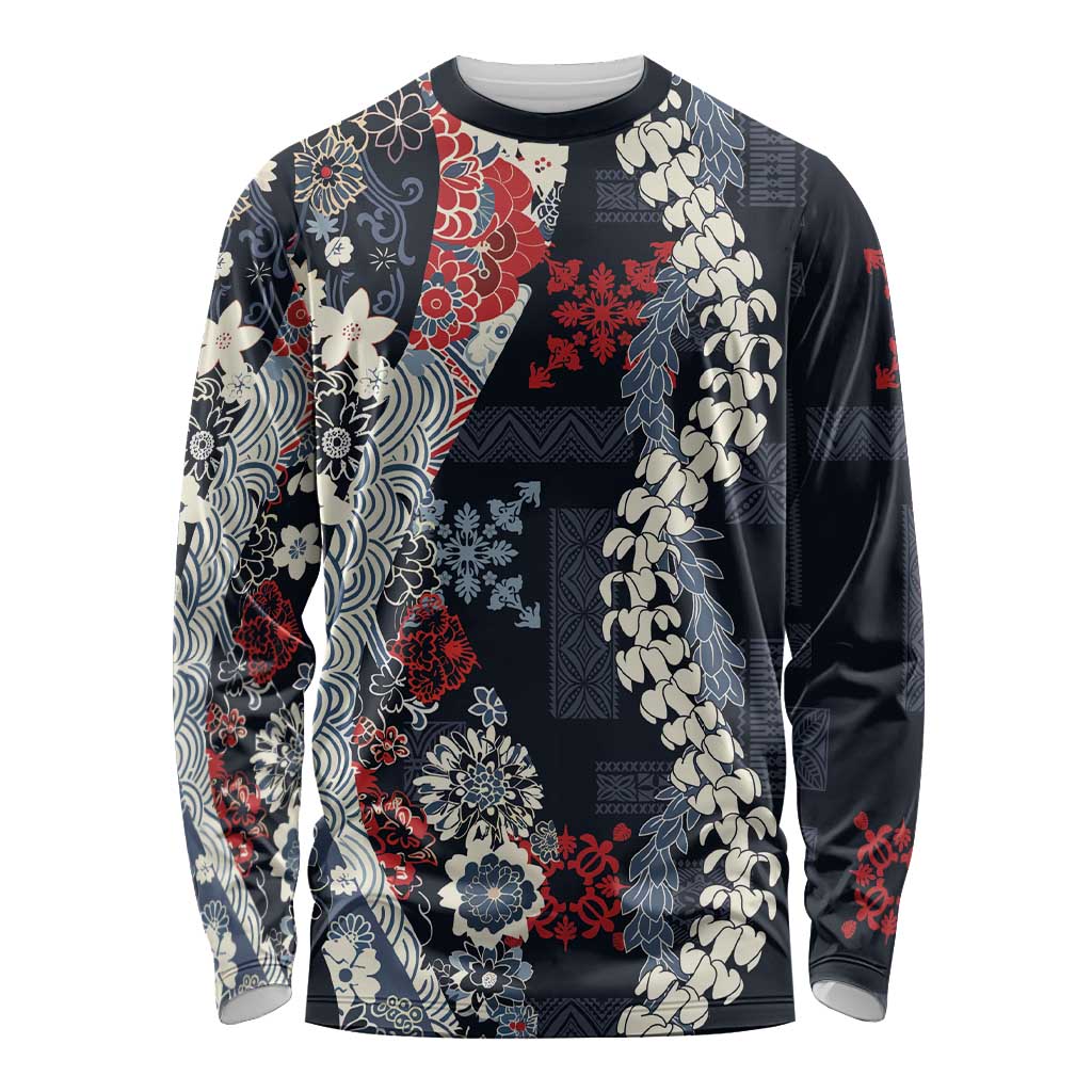 Hawaii Puakenikeni and Maile Lei Long Sleeve Shirt Navy Blue Japanese Wave Style LT9 Unisex Navy Blue - Polynesian Pride