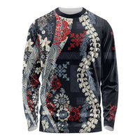 Hawaii Puakenikeni and Maile Lei Long Sleeve Shirt Navy Blue Japanese Wave Style LT9 Unisex Navy Blue - Polynesian Pride