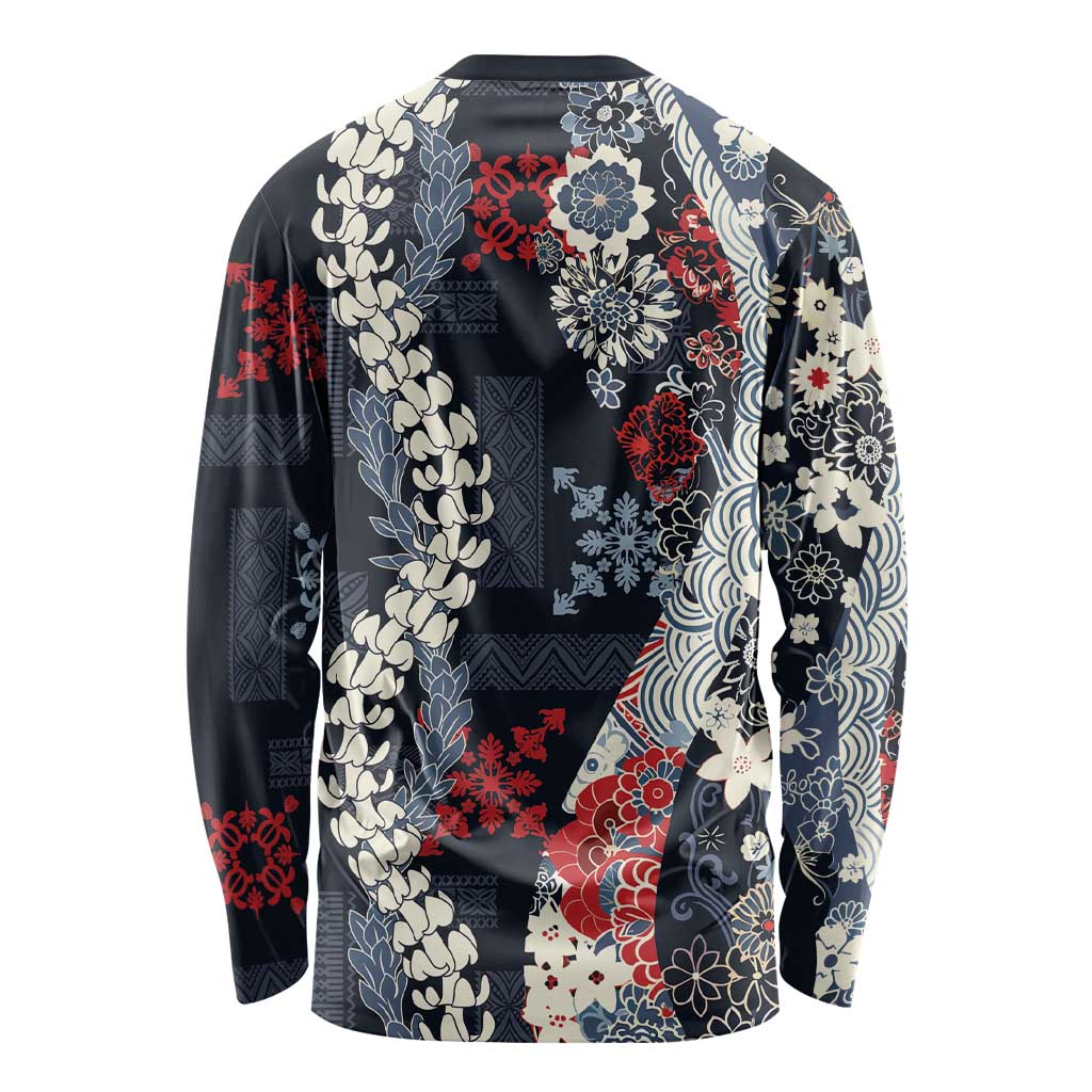 Hawaii Puakenikeni and Maile Lei Long Sleeve Shirt Navy Blue Japanese Wave Style LT9 - Polynesian Pride