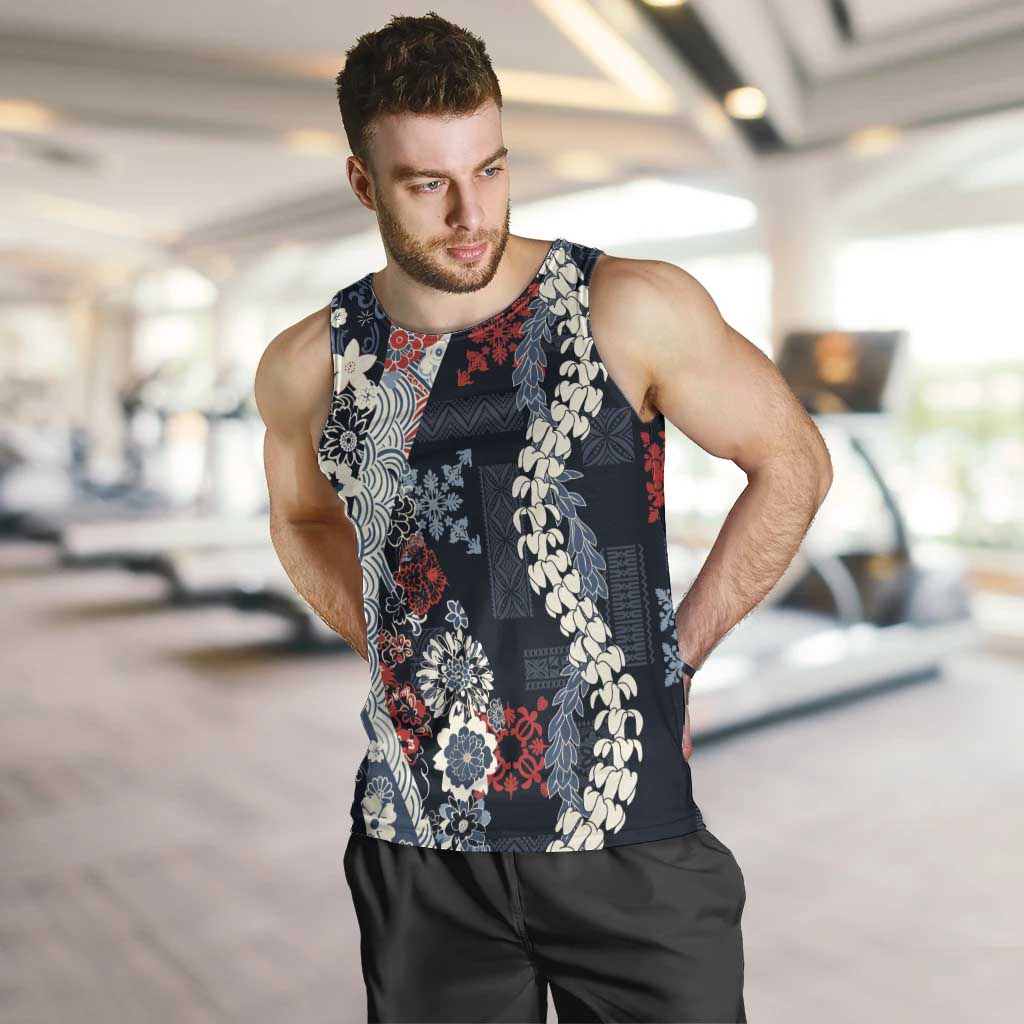 Hawaii Puakenikeni and Maile Lei Men Tank Top Navy Blue Japanese Wave Style LT9 Navy Blue - Polynesian Pride