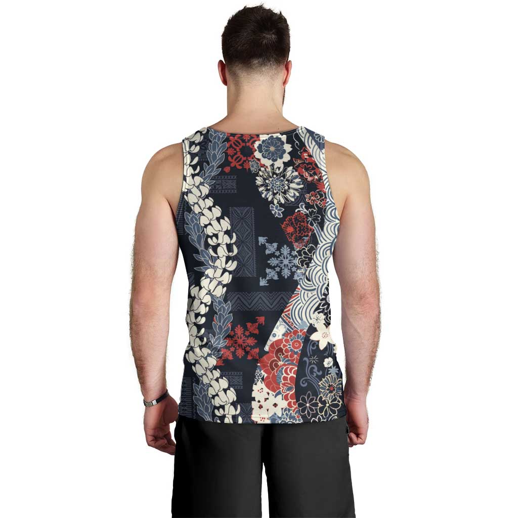 Hawaii Puakenikeni and Maile Lei Men Tank Top Navy Blue Japanese Wave Style LT9 - Polynesian Pride