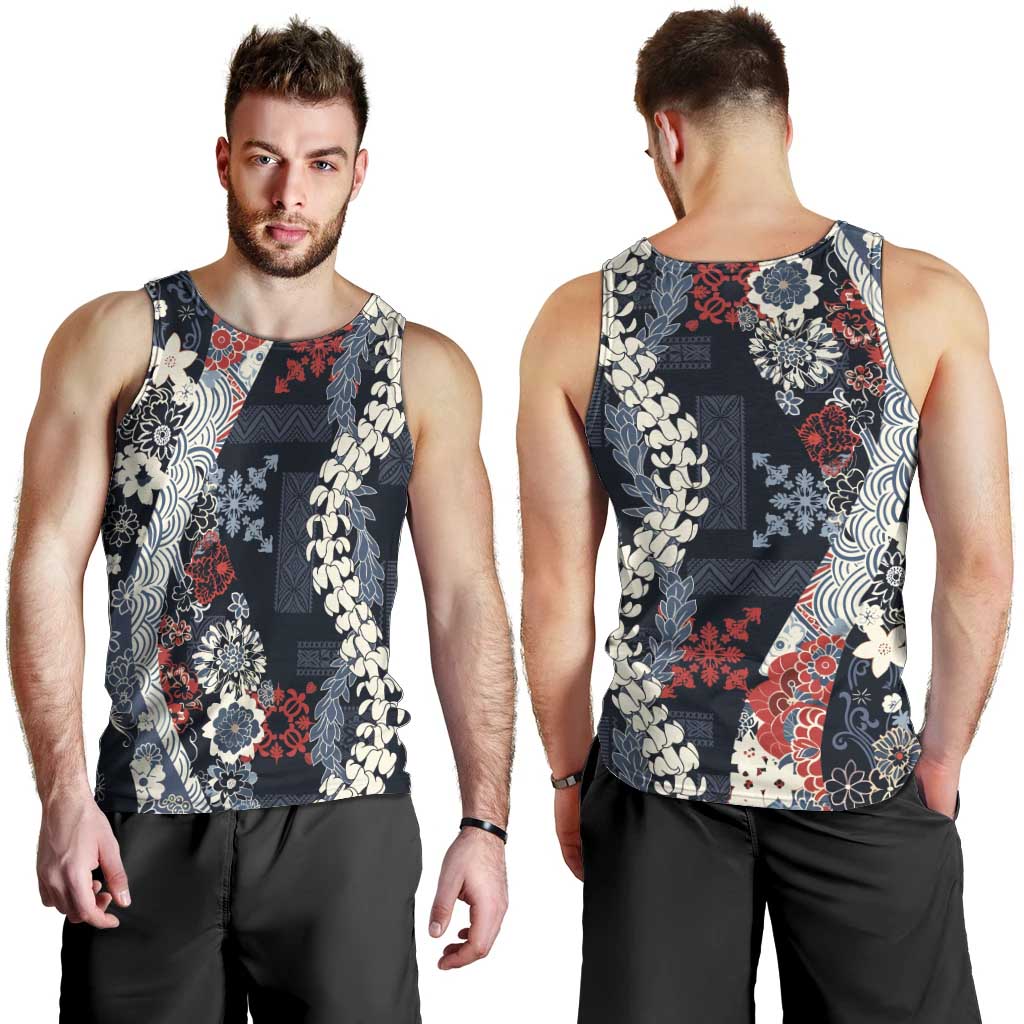 Hawaii Puakenikeni and Maile Lei Men Tank Top Navy Blue Japanese Wave Style LT9 - Polynesian Pride