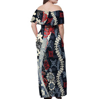 Hawaii Puakenikeni and Maile Lei Off Shoulder Maxi Dress Navy Blue Japanese Wave Style - Polynesian Pride