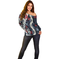Hawaii Puakenikeni and Maile Lei Off Shoulder Sweater Navy Blue Japanese Wave Style - Polynesian Pride