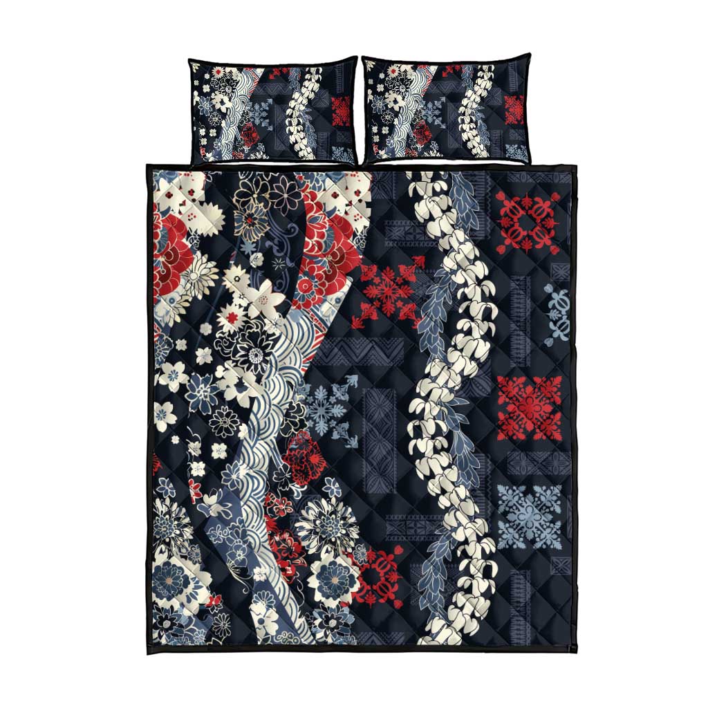 Hawaii Puakenikeni and Maile Lei Quilt Bed Set Navy Blue Japanese Wave Style - Polynesian Pride