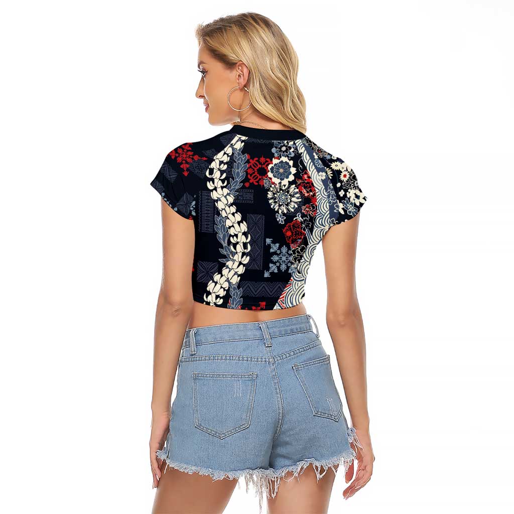 Hawaii Puakenikeni and Maile Lei Raglan Cropped T Shirt Navy Blue Japanese Wave Style LT9 - Polynesian Pride