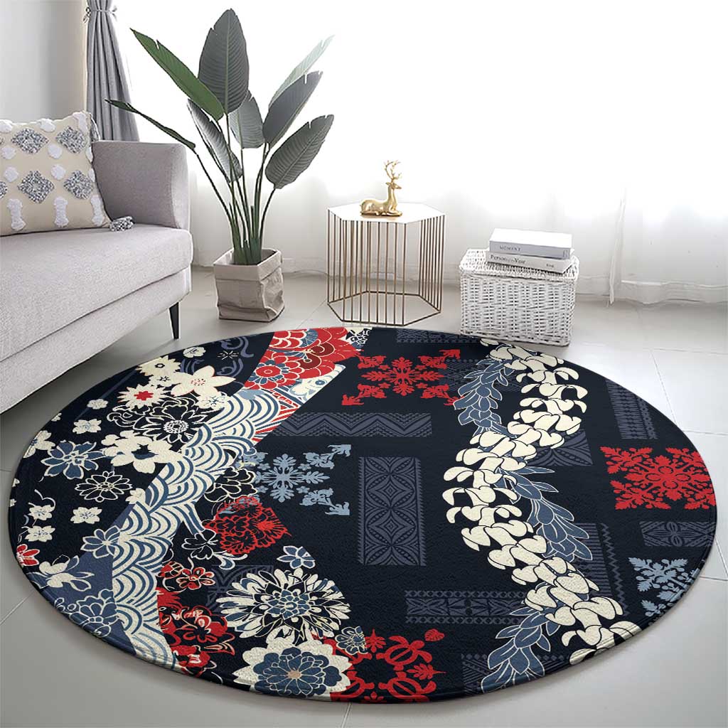 Hawaii Puakenikeni and Maile Lei Round Carpet Navy Blue Japanese Wave Style - Polynesian Pride