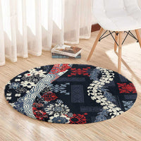 Hawaii Puakenikeni and Maile Lei Round Carpet Navy Blue Japanese Wave Style - Polynesian Pride