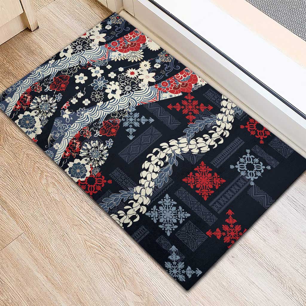 Hawaii Puakenikeni and Maile Lei Rubber Doormat Navy Blue Japanese Wave Style LT9 - Polynesian Pride