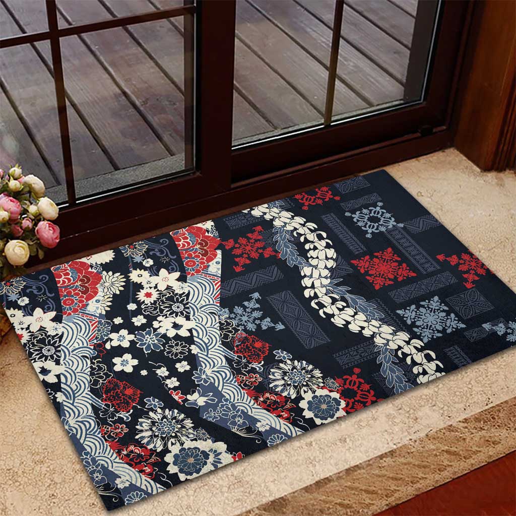 Hawaii Puakenikeni and Maile Lei Rubber Doormat Navy Blue Japanese Wave Style LT9 - Polynesian Pride