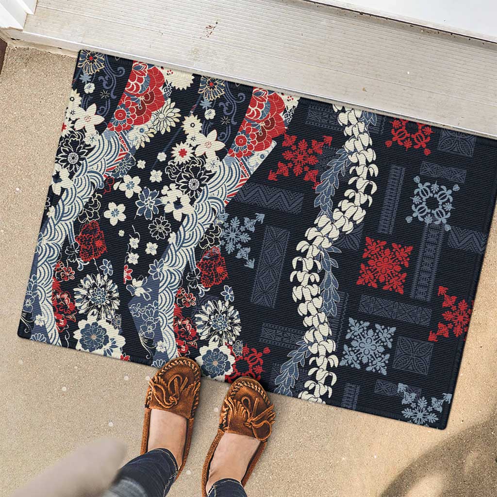 Hawaii Puakenikeni and Maile Lei Rubber Doormat Navy Blue Japanese Wave Style LT9 - Polynesian Pride
