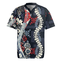 Hawaii Puakenikeni and Maile Lei Rugby Jersey Navy Blue Japanese Wave Style LT9 Navy Blue - Polynesian Pride