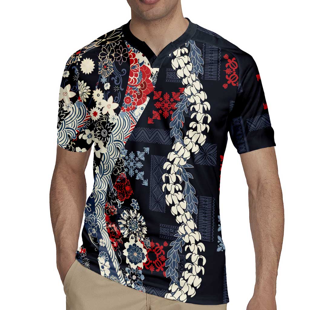 Hawaii Puakenikeni and Maile Lei Rugby Jersey Navy Blue Japanese Wave Style LT9 - Polynesian Pride