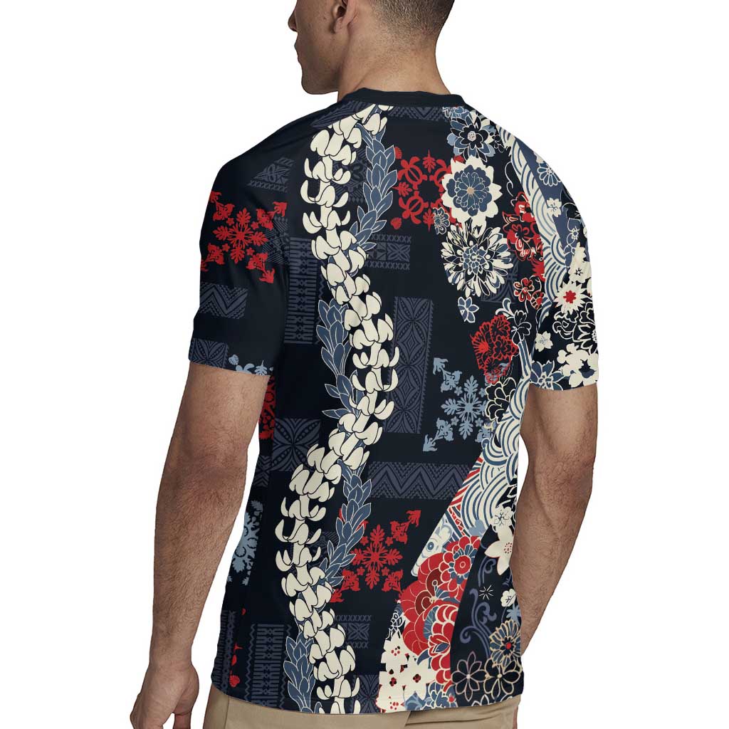 Hawaii Puakenikeni and Maile Lei Rugby Jersey Navy Blue Japanese Wave Style LT9 - Polynesian Pride