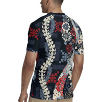 Hawaii Puakenikeni and Maile Lei Rugby Jersey Navy Blue Japanese Wave Style LT9 - Polynesian Pride