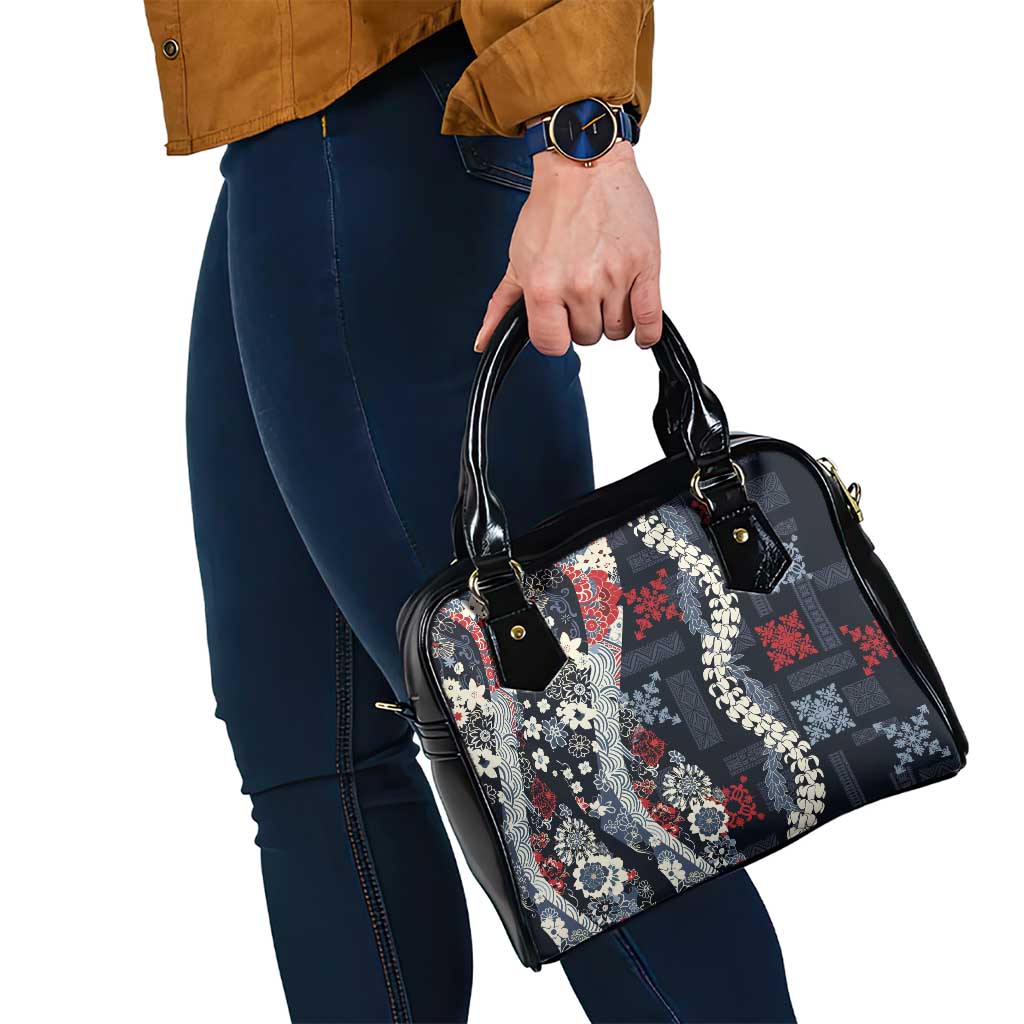 Hawaii Puakenikeni and Maile Lei Shoulder Handbag Navy Blue Japanese Wave Style - Polynesian Pride