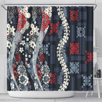 Hawaii Puakenikeni and Maile Lei Shower Curtain Navy Blue Japanese Wave Style - Polynesian Pride