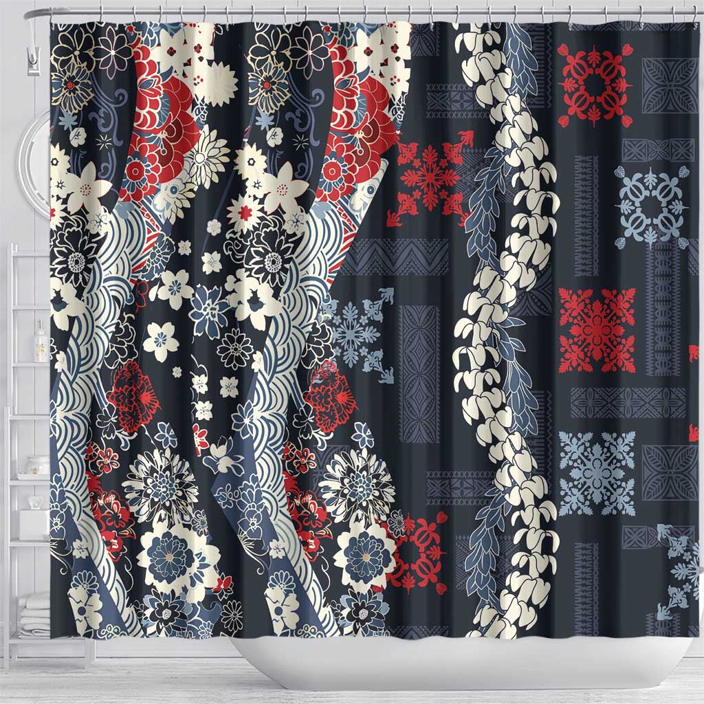 Hawaii Puakenikeni and Maile Lei Shower Curtain Navy Blue Japanese Wave Style - Polynesian Pride