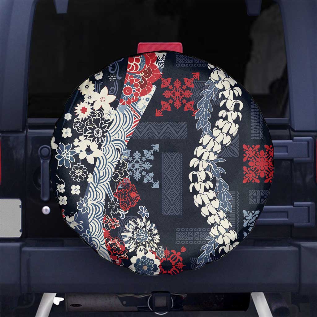 Hawaii Puakenikeni and Maile Lei Spare Tire Cover Navy Blue Japanese Wave Style - Polynesian Pride