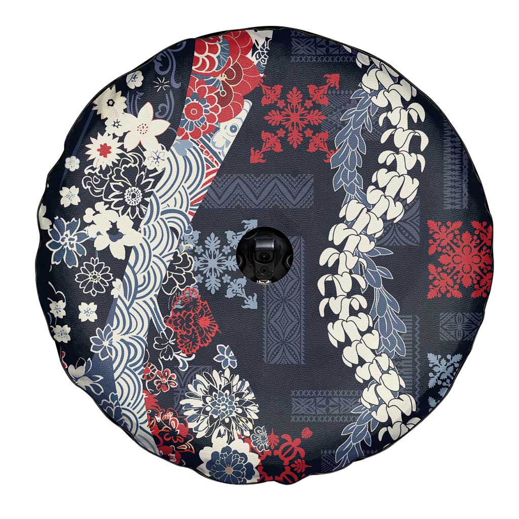 Hawaii Puakenikeni and Maile Lei Spare Tire Cover Navy Blue Japanese Wave Style - Polynesian Pride