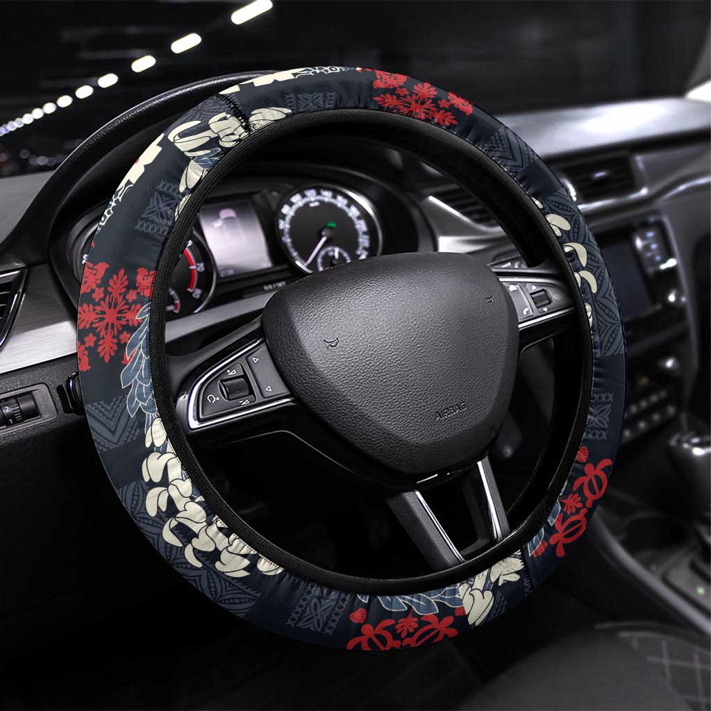 Hawaii Puakenikeni and Maile Lei Steering Wheel Cover Navy Blue Japanese Wave Style - Polynesian Pride