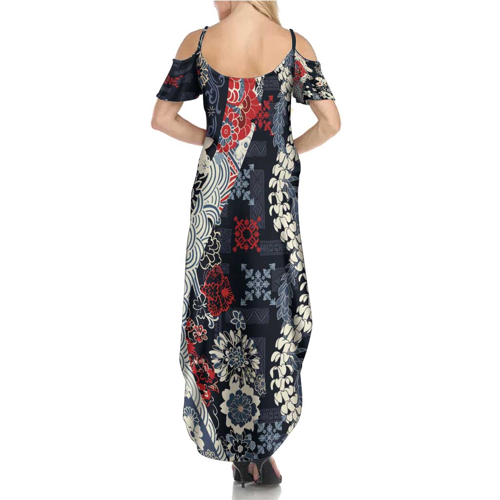 Hawaii Puakenikeni and Maile Lei Summer Maxi Dress Navy Blue Japanese Wave Style LT9 - Polynesian Pride