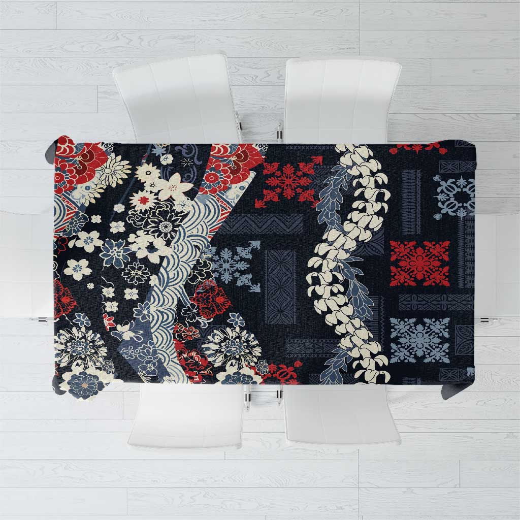 Hawaii Puakenikeni and Maile Lei Tablecloth Navy Blue Japanese Wave Style LT9 Navy Blue - Polynesian Pride