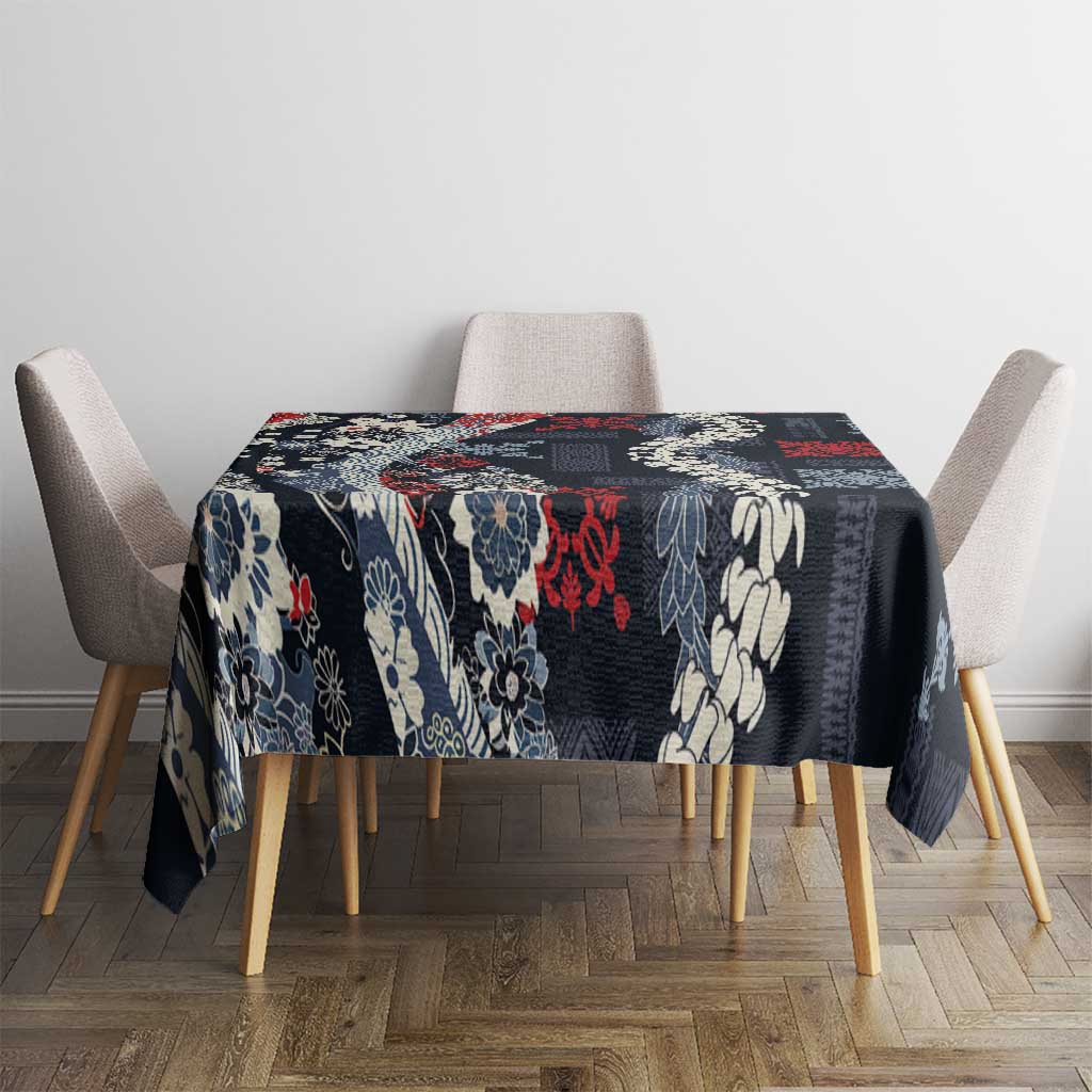 Hawaii Puakenikeni and Maile Lei Tablecloth Navy Blue Japanese Wave Style LT9 - Polynesian Pride