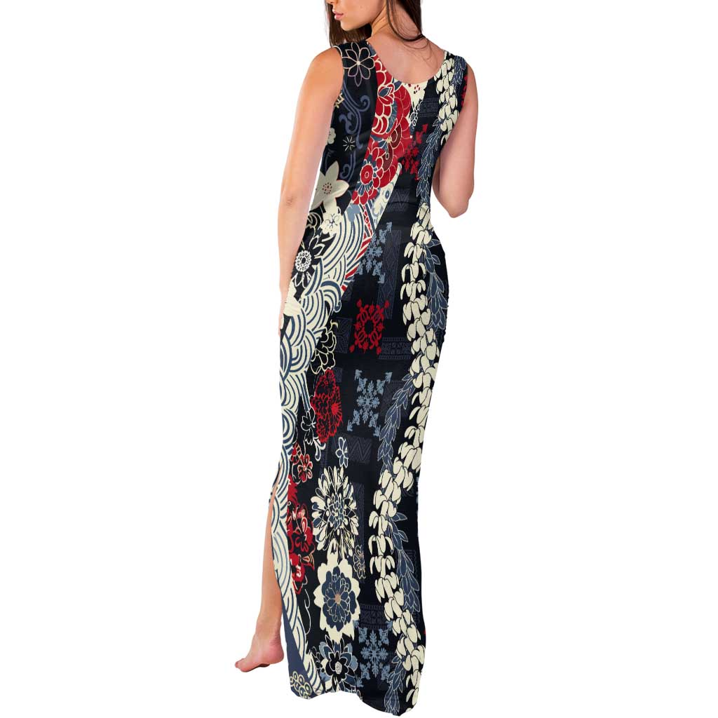 Hawaii Puakenikeni and Maile Lei Tank Maxi Dress Navy Blue Japanese Wave Style - Polynesian Pride