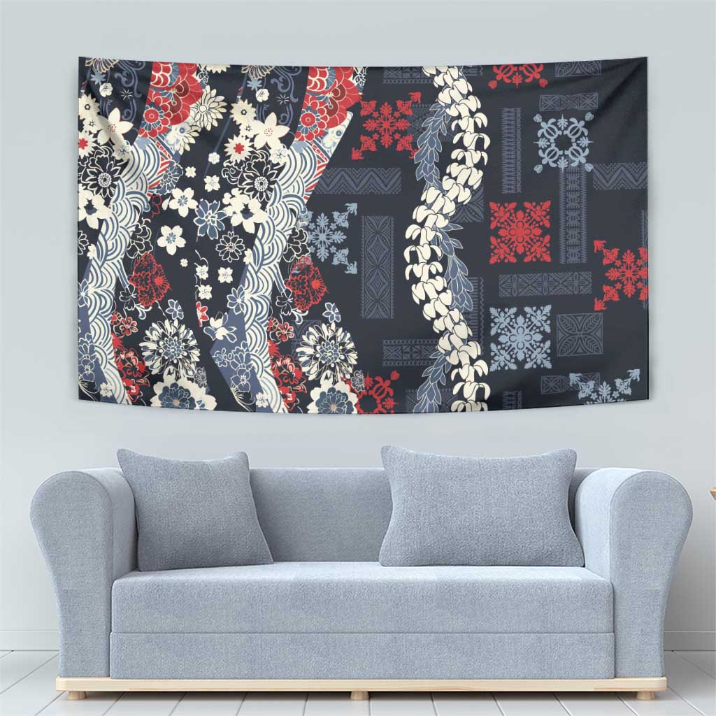 Hawaii Puakenikeni and Maile Lei Tapestry Navy Blue Japanese Wave Style - Polynesian Pride