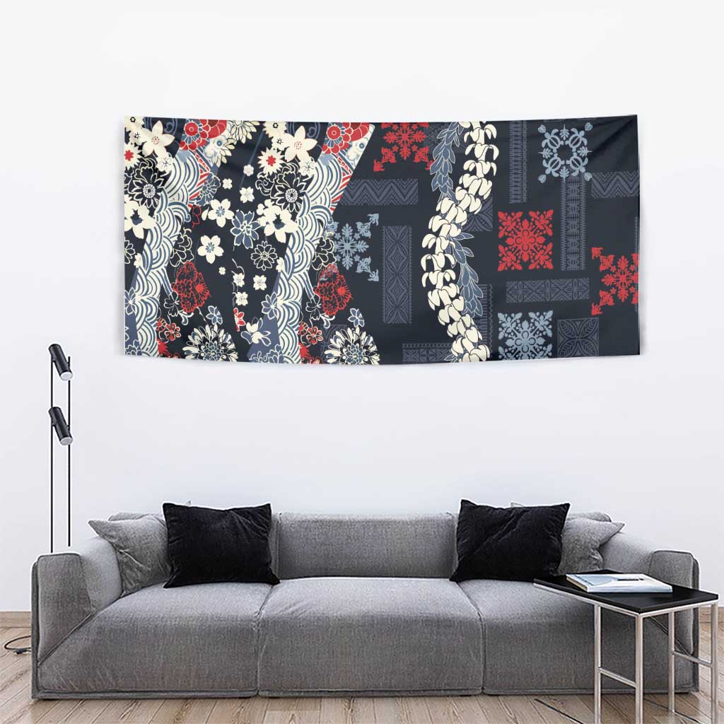 Hawaii Puakenikeni and Maile Lei Tapestry Navy Blue Japanese Wave Style - Polynesian Pride
