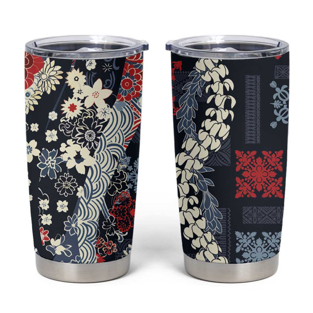Hawaii Puakenikeni and Maile Lei Tumbler Cup Navy Blue Japanese Wave Style - Polynesian Pride