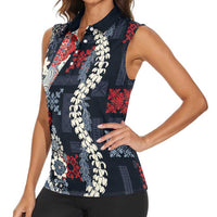 Hawaii Puakenikeni and Maile Lei Women Sleeveless Polo Shirt Navy Blue Japanese Wave Style - Polynesian Pride