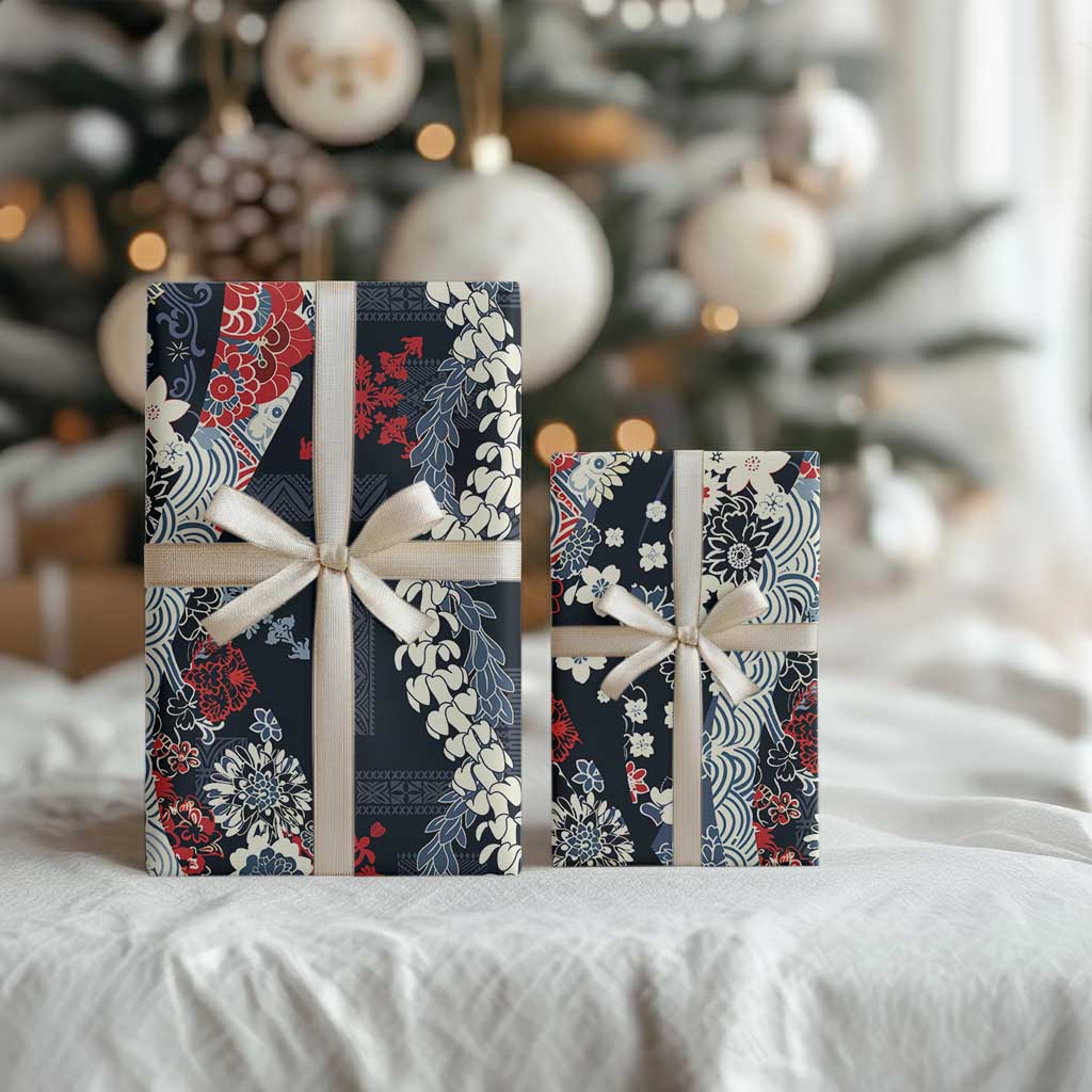 Hawaii Puakenikeni and Maile Lei Wrapping Paper Navy Blue Japanese Wave Style - Polynesian Pride