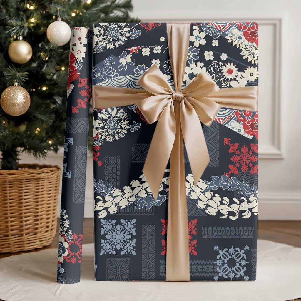 Hawaii Puakenikeni and Maile Lei Wrapping Paper Navy Blue Japanese Wave Style - Polynesian Pride