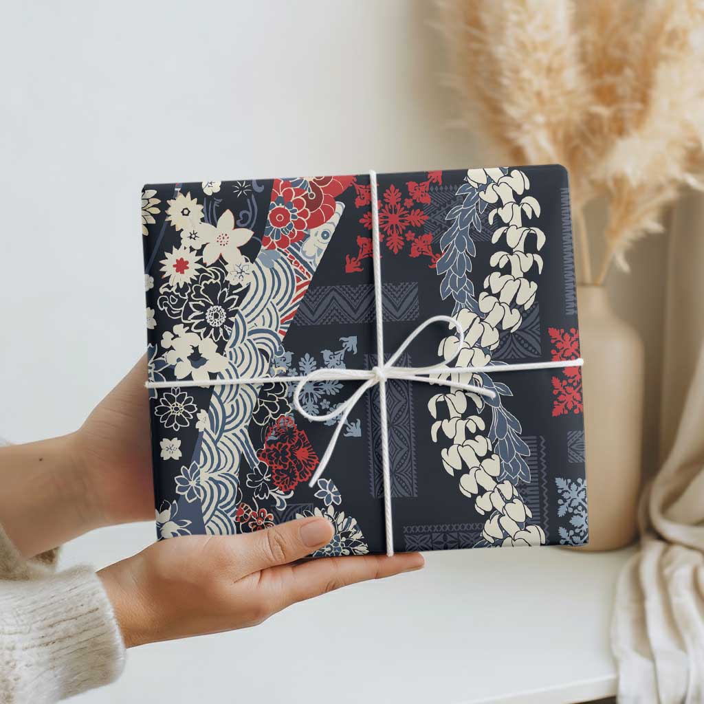 Hawaii Puakenikeni and Maile Lei Wrapping Paper Navy Blue Japanese Wave Style - Polynesian Pride