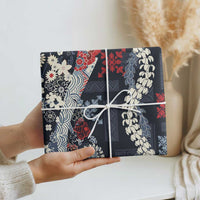 Hawaii Puakenikeni and Maile Lei Wrapping Paper Navy Blue Japanese Wave Style - Polynesian Pride