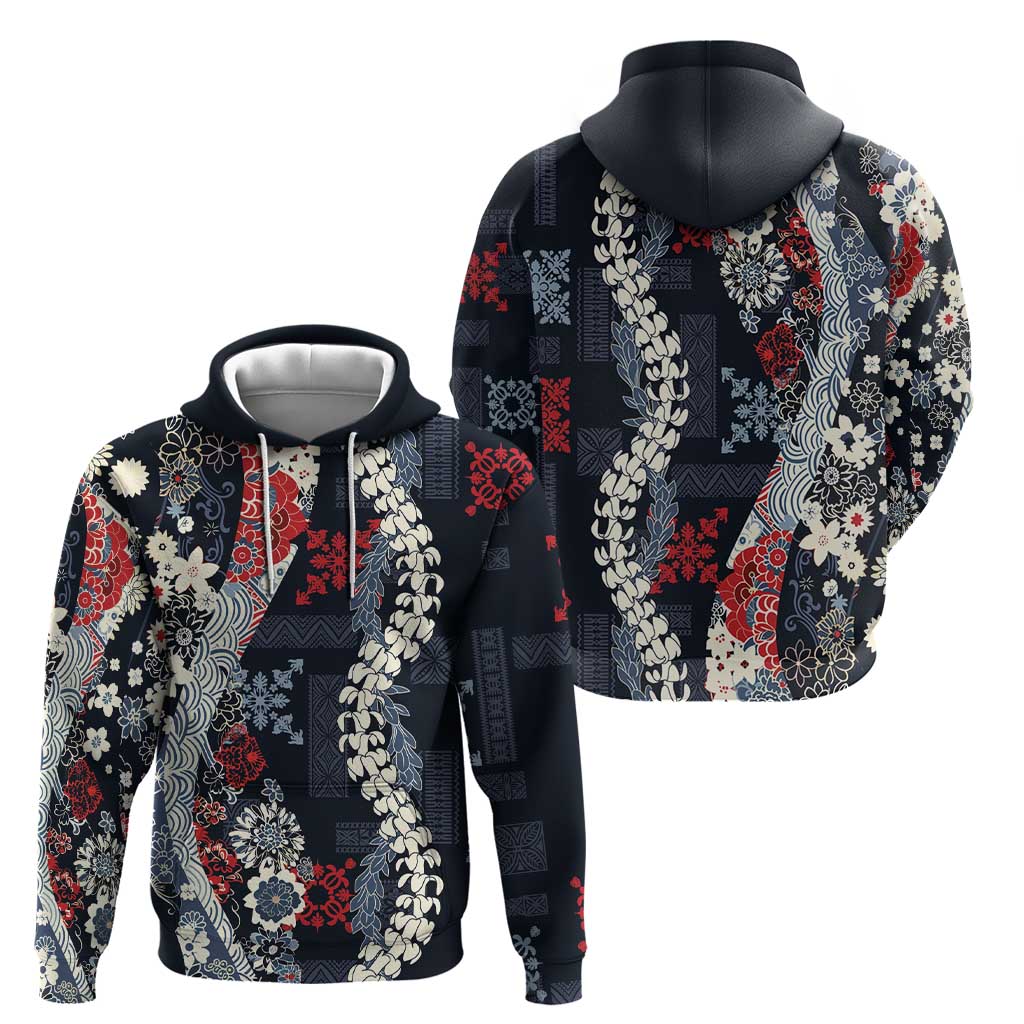 Hawaii Puakenikeni and Maile Lei Zip Hoodie Navy Blue Japanese Wave Style - Polynesian Pride