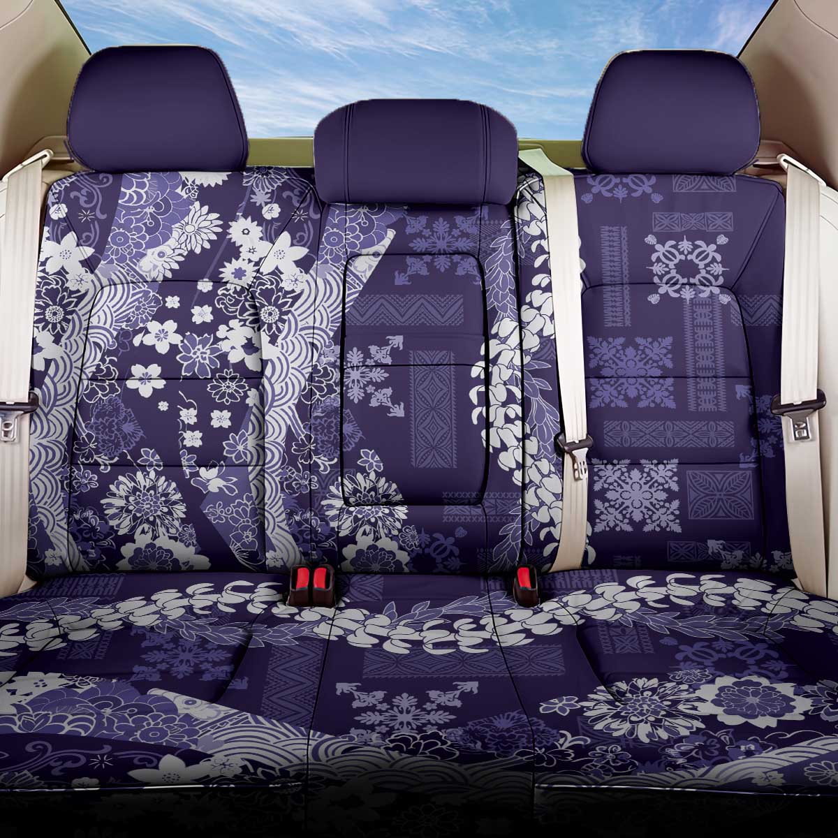 Hawaii Puakenikeni and Maile Lei Back Car Seat Cover Purple Japanese Wave Style - Polynesian Pride