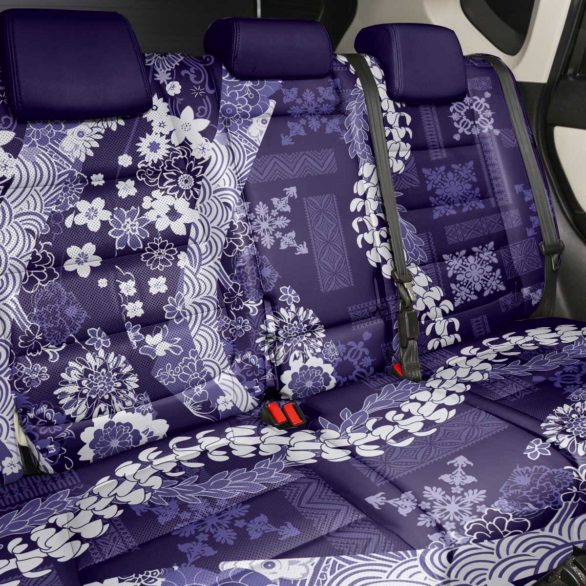 Hawaii Puakenikeni and Maile Lei Back Car Seat Cover Purple Japanese Wave Style - Polynesian Pride