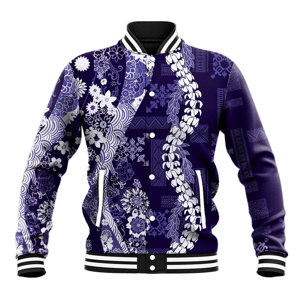 Hawaii Puakenikeni and Maile Lei Baseball Jacket Purple Japanese Wave Style LT9 Unisex Purple - Polynesian Pride