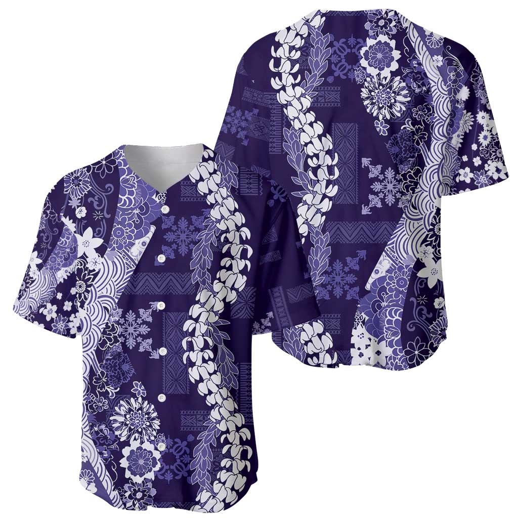 Hawaii Puakenikeni and Maile Lei Baseball Jersey Purple Japanese Wave Style - Polynesian Pride
